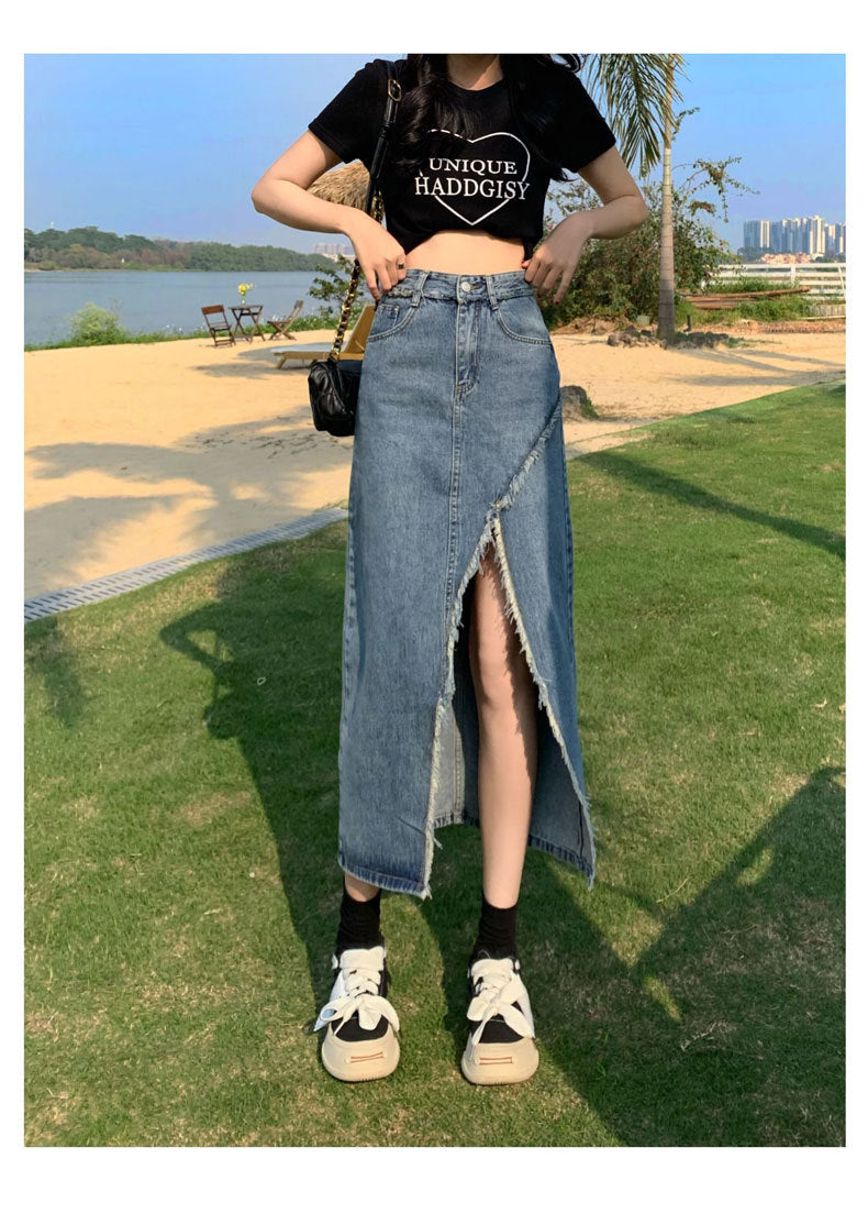 Irregular Slit Denim Skirt Female Ins Style Hot Girl Raw Edges Design