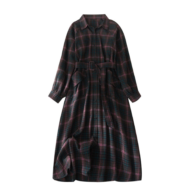 BritPlaid: British-style plaid lace-up waist slimming shirt coat, a retro dress for women with a touch of elegance.