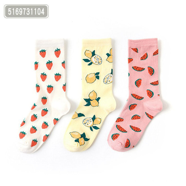 Whimsical Delights: Set aus drei bedruckten Baumwollsocken für Damen – verspielter Komfort für Ihren Alltagsstil