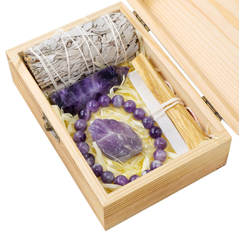 Natürlicher Kristall Amethyst Holzbox Set Geschenkbox