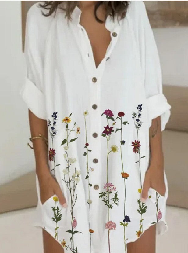 Casual Printed Button Long Sleeve Pocket Dress Women