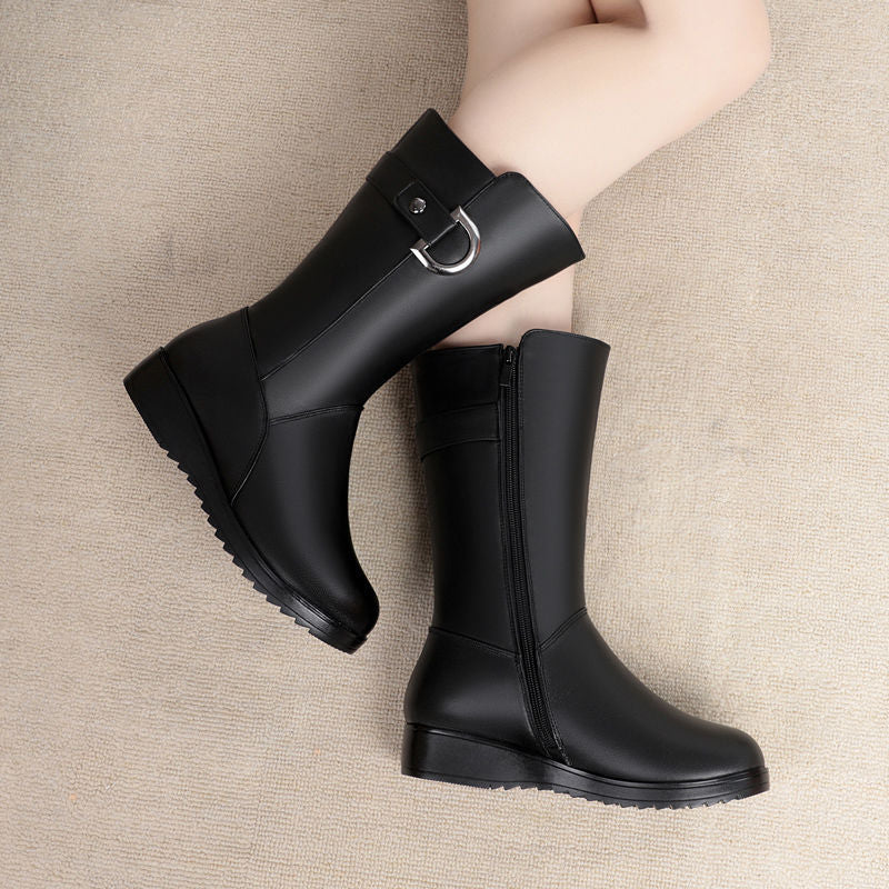 Winter Flat Non-slip Leather Shoes Fleece-lined Thermal Middle Tube Cotton Boots