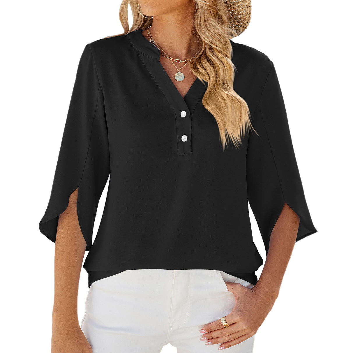 Lady Simplicity: Button V-neck Mid-sleeve Chiffon Shirt - Solid Color Top for Women's Clothing