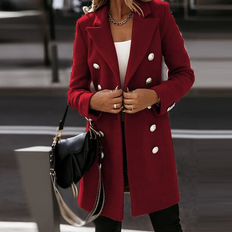 TimelessCollar: Fashion turndown collar jacket for women, an autumn-winter long-sleeved double-breasted woolen coat for a stylish and warm ensemble.