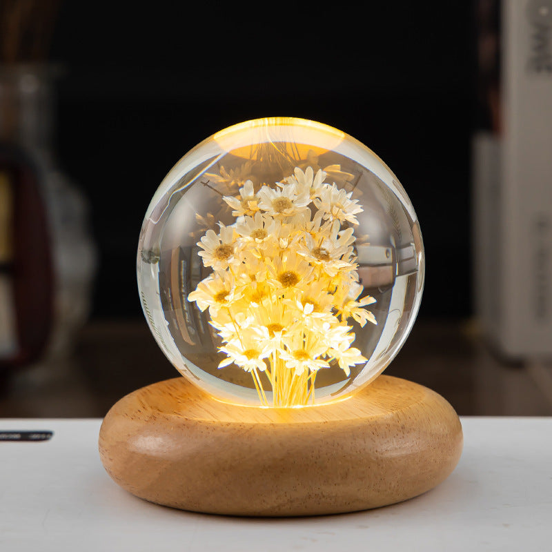 LED Night Light Flower Crystal Ball Children Night Lamp With Woodern Base Bedroom Ambient Light Creative Gift Night Light