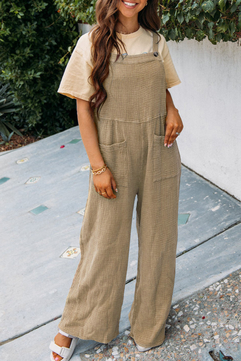 Modischer Jumpsuit mit quadratischem Ausschnitt und Taschen, Frühling, Sommer, lässig, einfarbig, lockerer Overall, Damenbekleidung