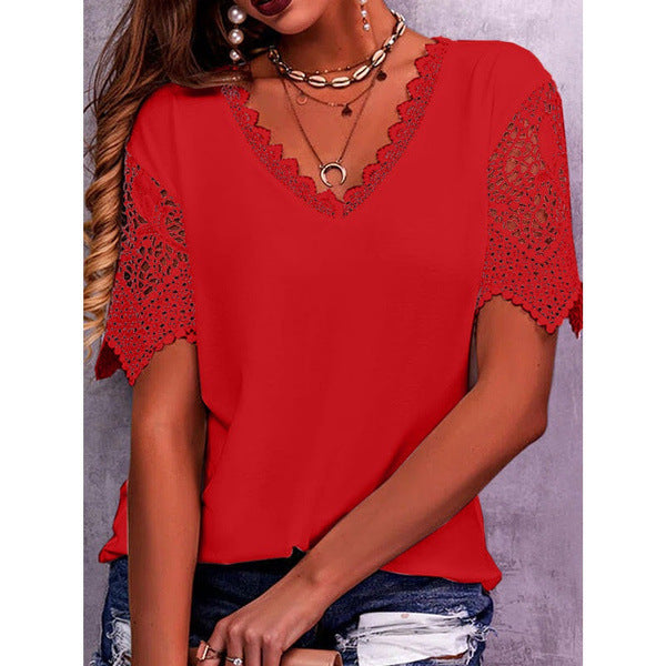 Summer Lace: Loose V Neck Short Sleeve Lace Tops - Women's Casual Shirts