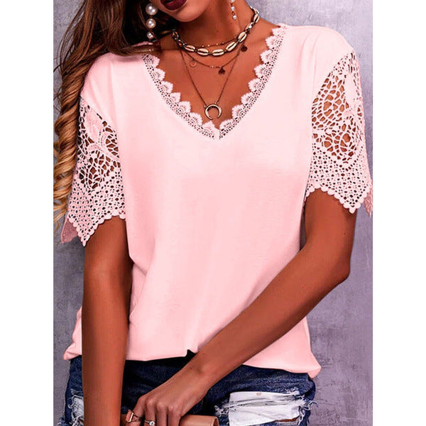 Summer Lace: Loose V Neck Short Sleeve Lace Tops - Women's Casual Shirts