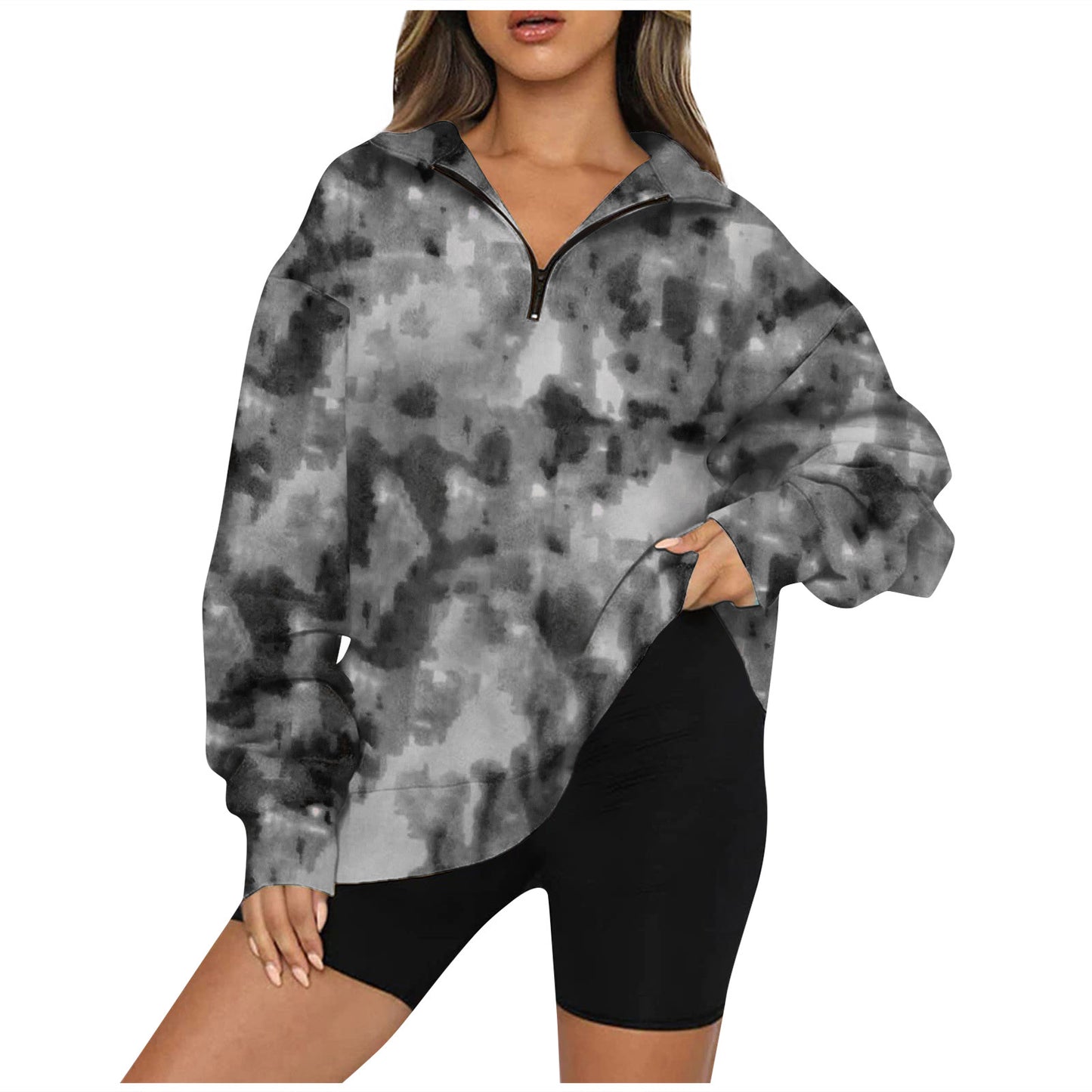 Tie-Dye Tempest: Zippered Lapels Sweatshirt - Women's Long Sleeve Loose Top