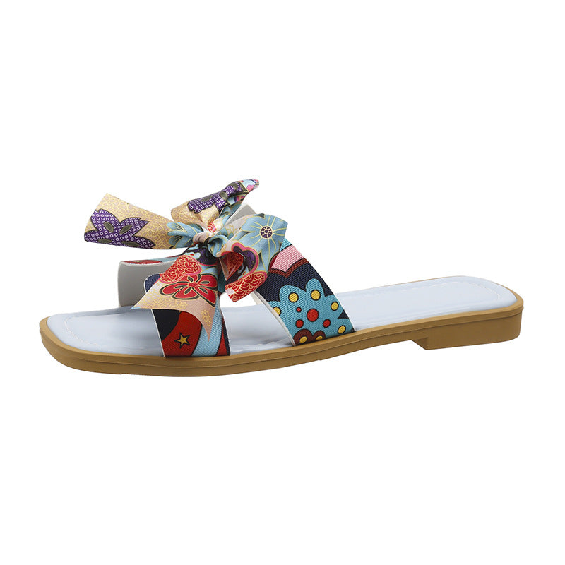 Sandalen mit Schleife, Sommer, neue Sandale mit quadratischer Zehenpartie und niedrigem Absatz für Frauen, Slides, modische, lässige Strandschuhe