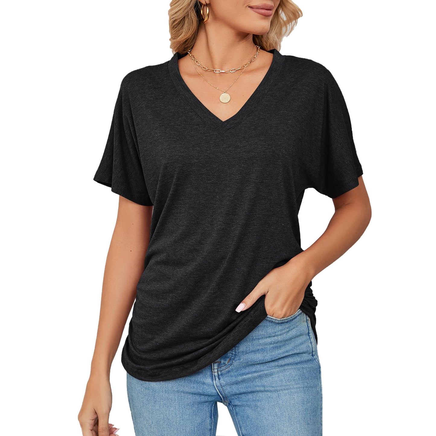 Relaxed Lady: V-neck Solid Color Loose T-shirt - Women's Leisure Pullover