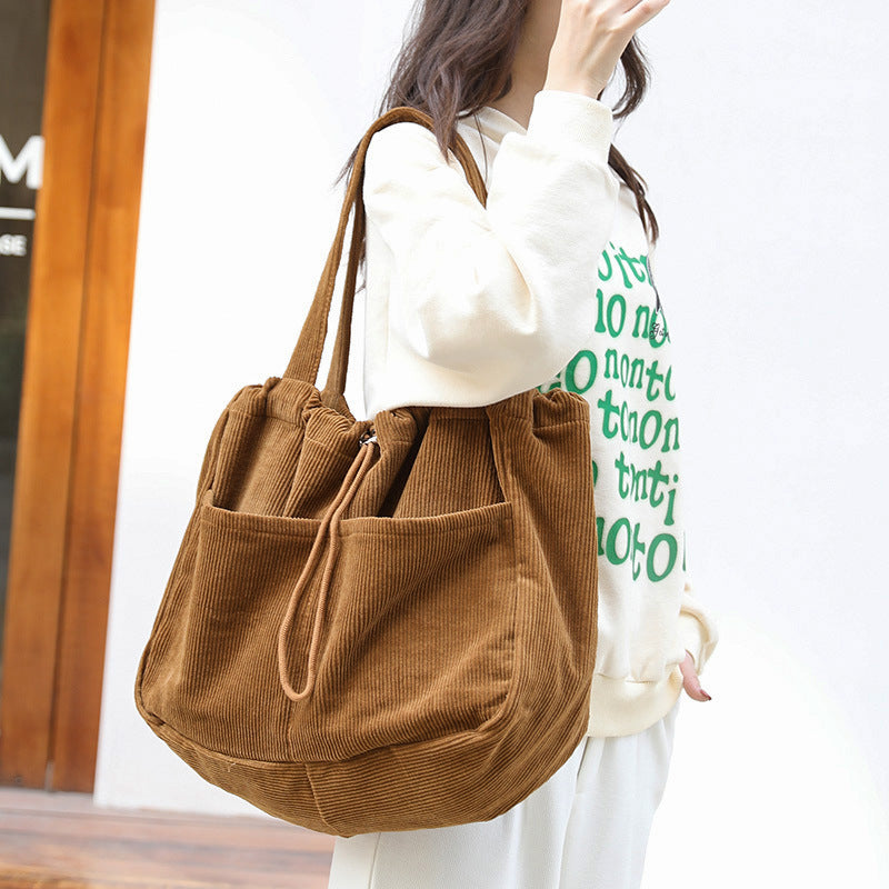 Ins Corduroy Shoulder Bags Drawstring Multi-pocket Handbag Women Underarm Bags