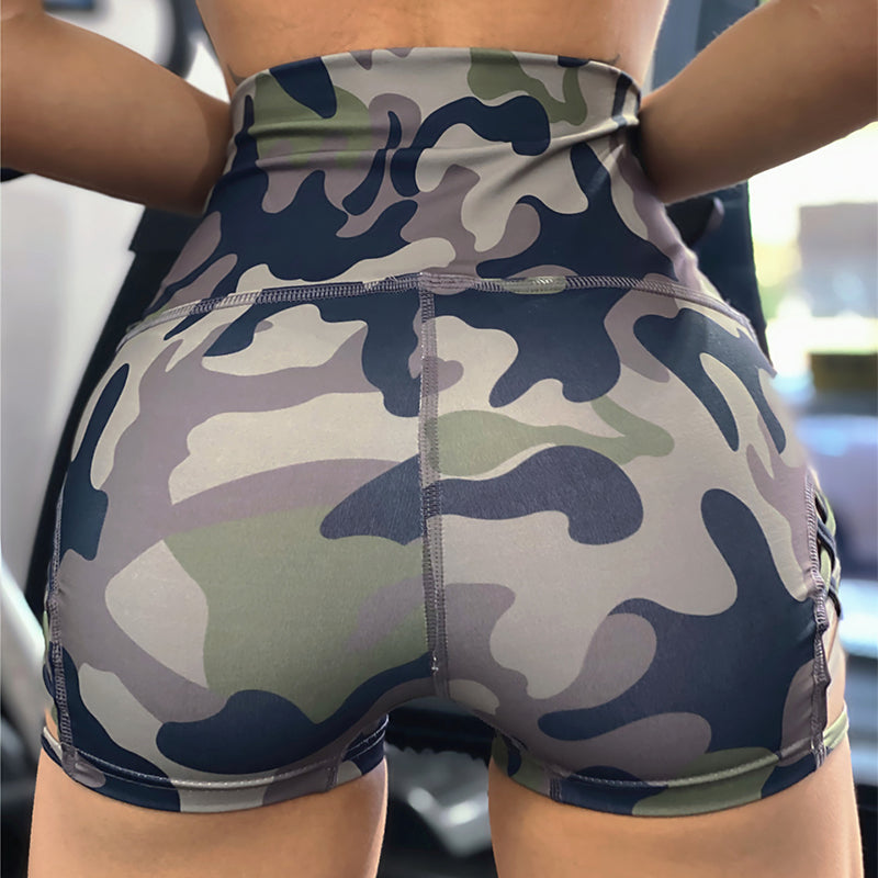 Camouflage-Yogahosen mit Leopardenmuster für Damen, hohe Taille, enge Shorts mit seitlichem Hohldesign, sexy Fitness-Poledance-Sportshorts