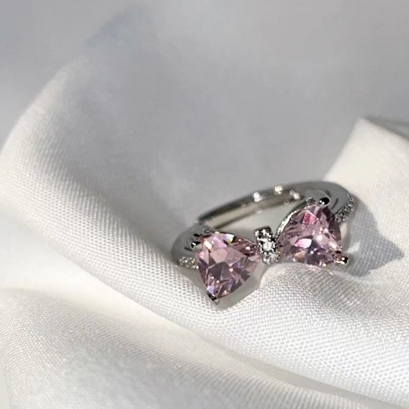 Prinzessinnenschloss Rosa Schleife Weiblicher Diamant Zirkon Französischer Mädchen Mikro-eingelegter Ring