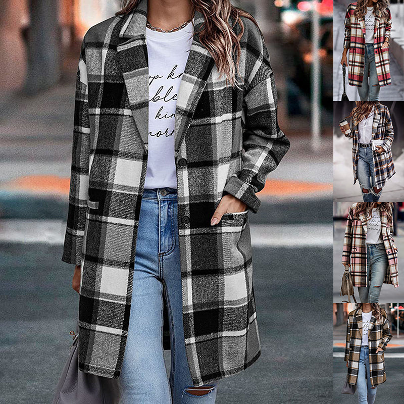 CheckeredElegance: Fashion plaid long jacket with pockets, autumn and winter new style turndown collar woolen coat for outdoor women's clothing.