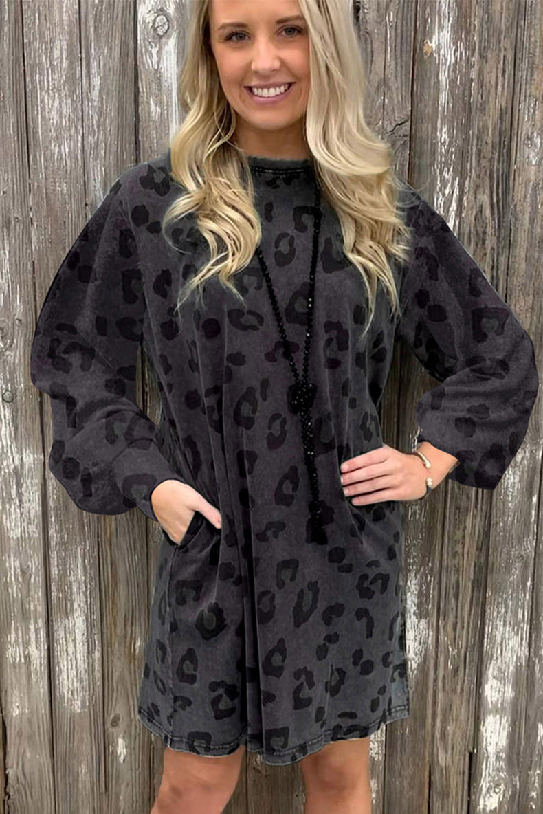 Women's Autumn Leopard Print Pocket Sweatshirt Dress