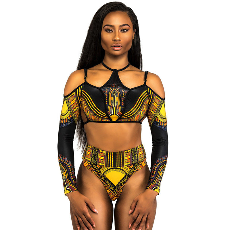 Women's Long Sleeve Printed High Waist Bikini Two Piece