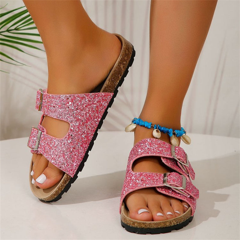 Doppelschnalle Sandalen für Frauen neue Mode Pailletten Strandschuhe Sommer Freizeit Outdoor Hausschuhe Slides