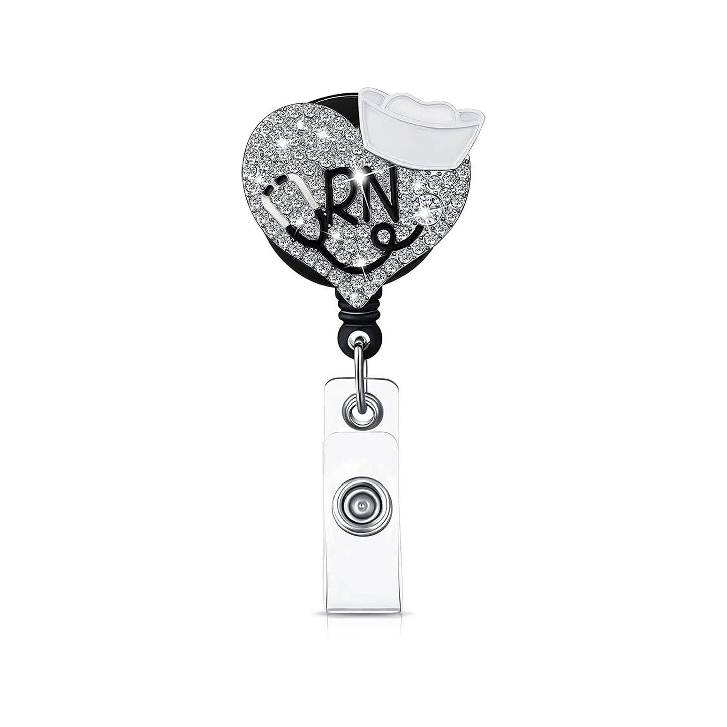 Silver Shiny Glass Rhinestone Love Heart Nurse Hat ECG Stethoscope Retractable Rotating Pull Peels Voucher Buckle