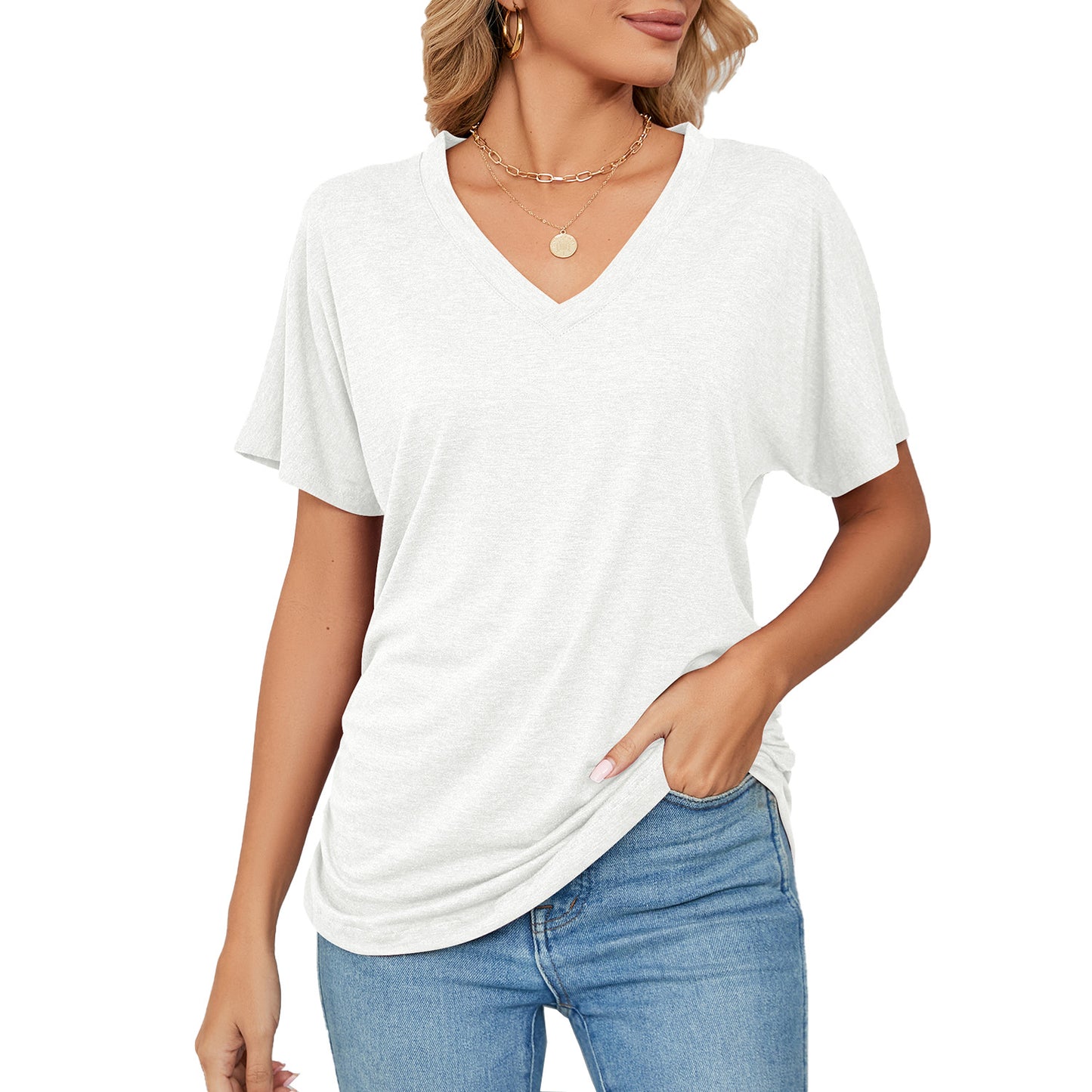 Relaxed Lady: V-neck Solid Color Loose T-shirt - Women's Leisure Pullover