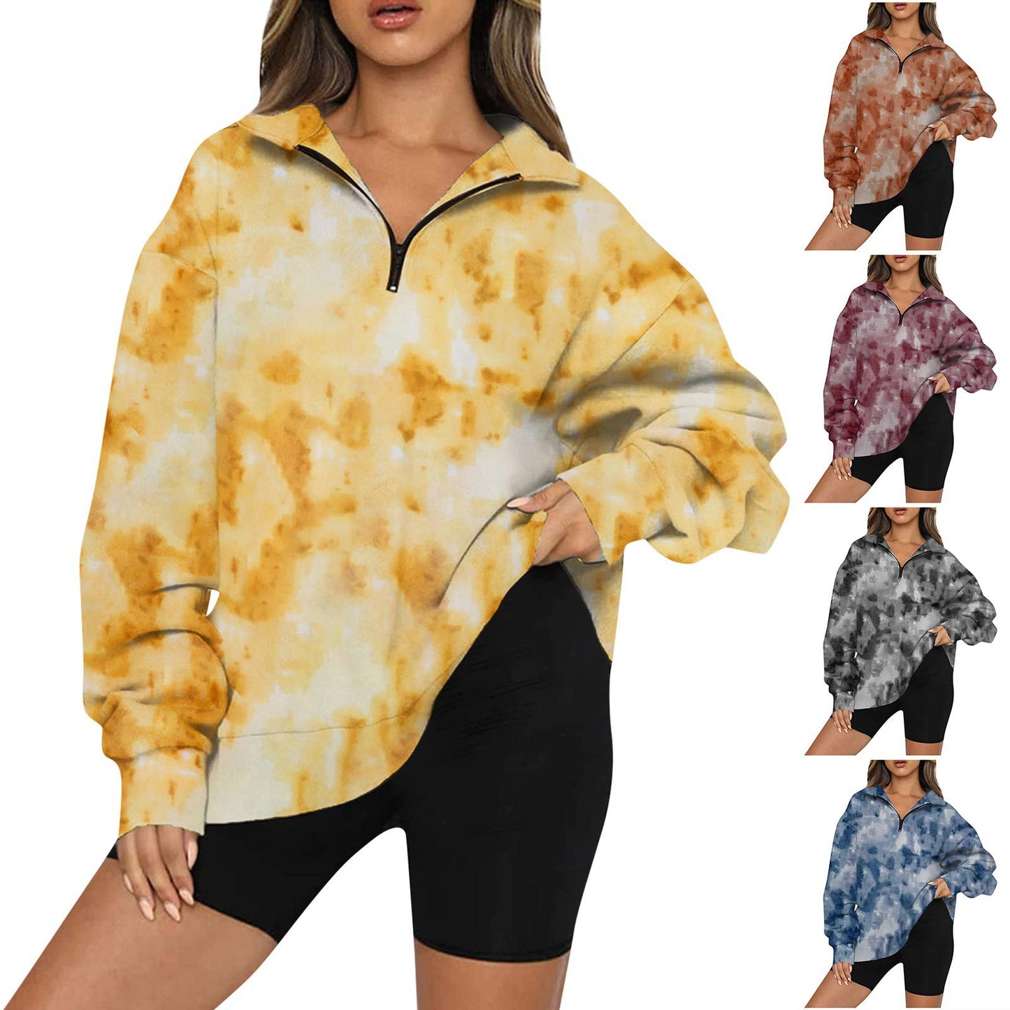 Tie-Dye Tempest: Zippered Lapels Sweatshirt - Women's Long Sleeve Loose Top