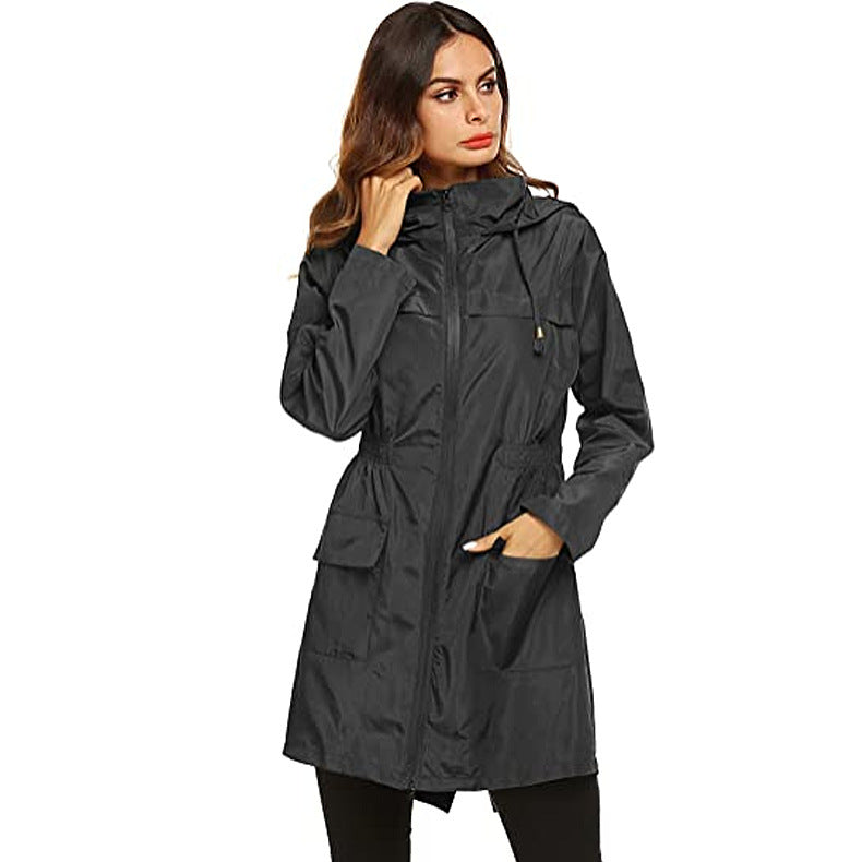 Damen Regenmantel mit Kapuze und Taille, Regenmantel, mittellanger Trenchcoat