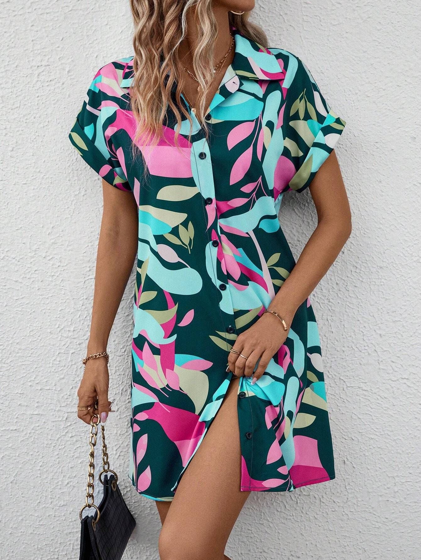 New Floral Print Short Sleeve Shirt Dress Summer Fashion Lapel Loose A-line Dresses For Womens Clothing