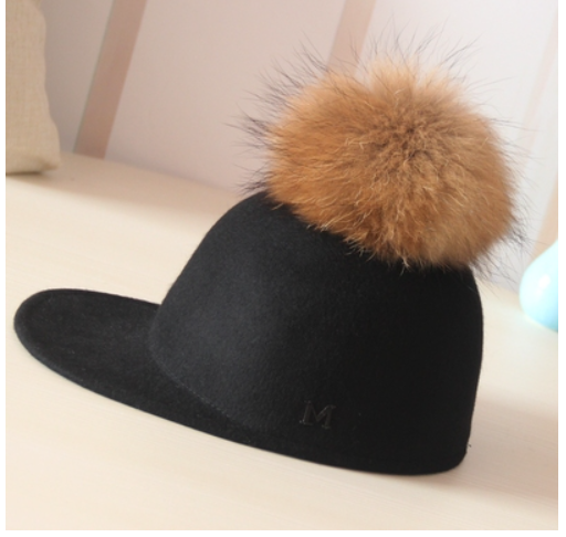 Big Fox Fur Ball Hat Female Winter Rider Hat Woolen Equestrian Cap Duck Tongue Baseball