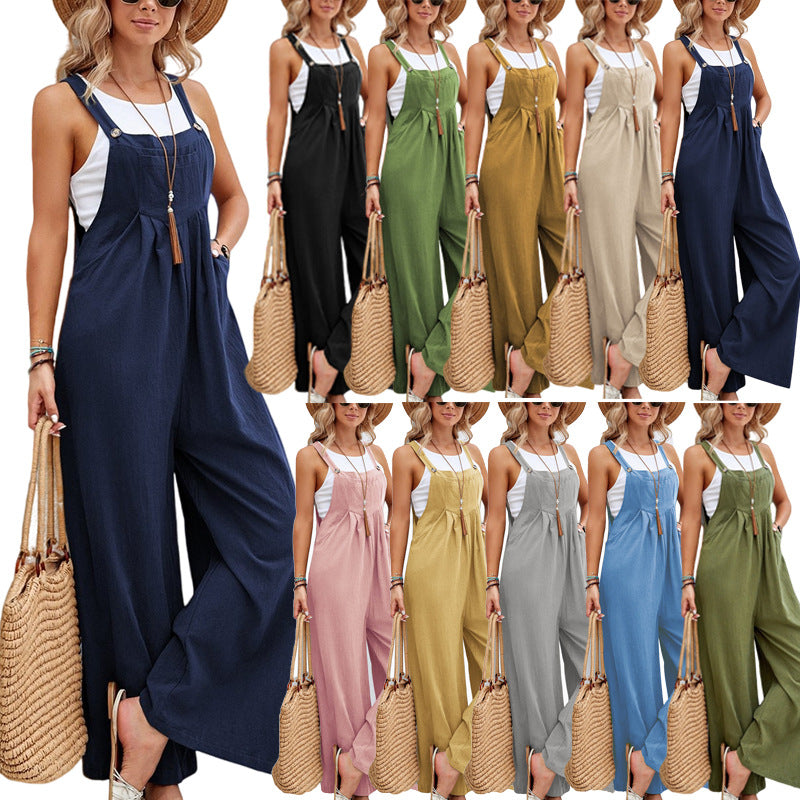 Damen Jumpsuit mit langen Trägerhosen, lässig, lockerer Strampler, Overalls mit Taschen