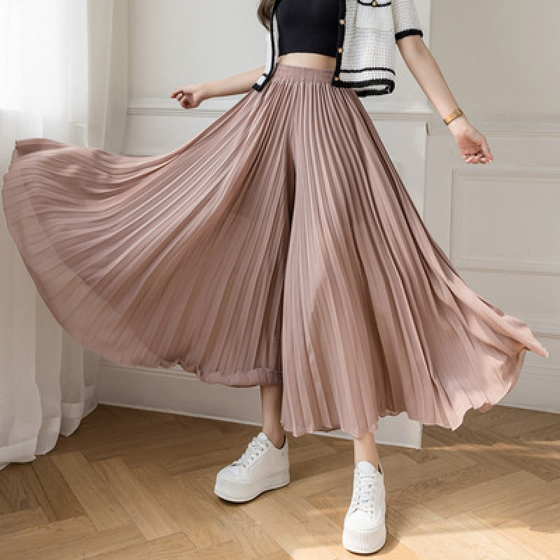 Loose-Fitting Pleated Chiffon Wide-Leg High-Waist Straight Skirt Pants for Women