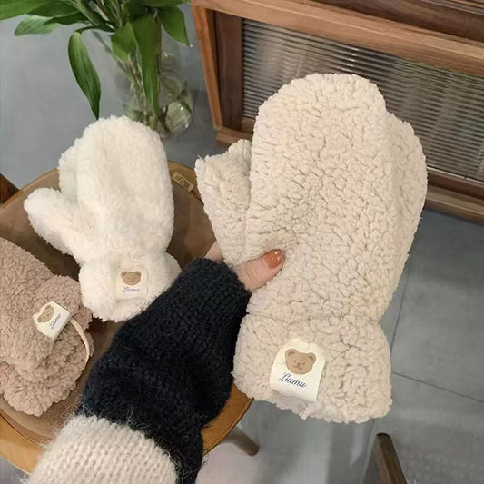 Winter Lammfell Bär Beschriftung Handschuhe Damen Halfter