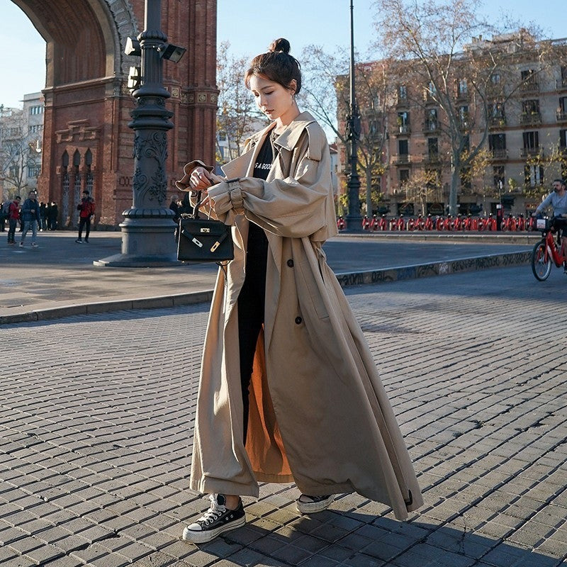 TrendEnsemble: Fashion long waist-wrapped trench coat for a stylish appearance.