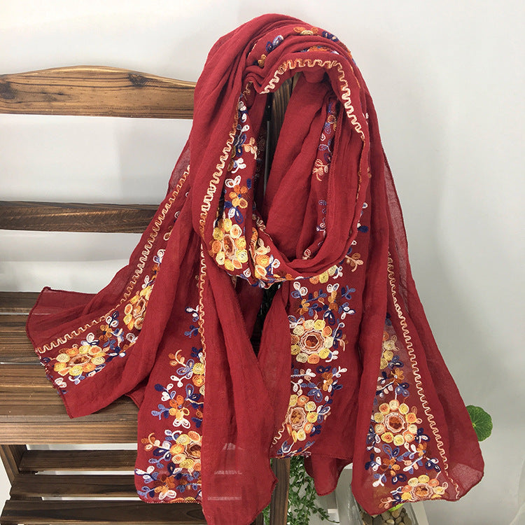 Embroidered Cotton And Linen Scarf Shawl