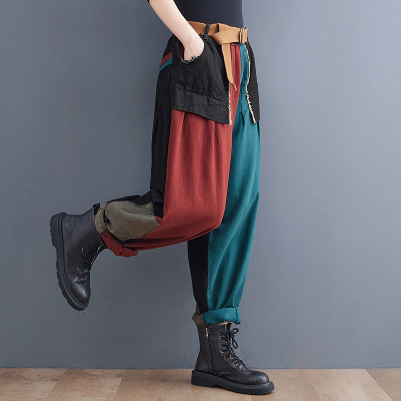 Personality Contrast Color Stitching Denim Trousers For Women