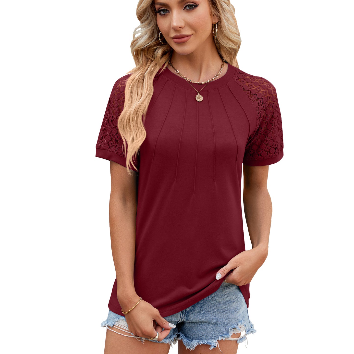 Summer Lady: Solid Color Round Neck Top with Lace Hollow Design - Women's Short Sleeve T-Shirt