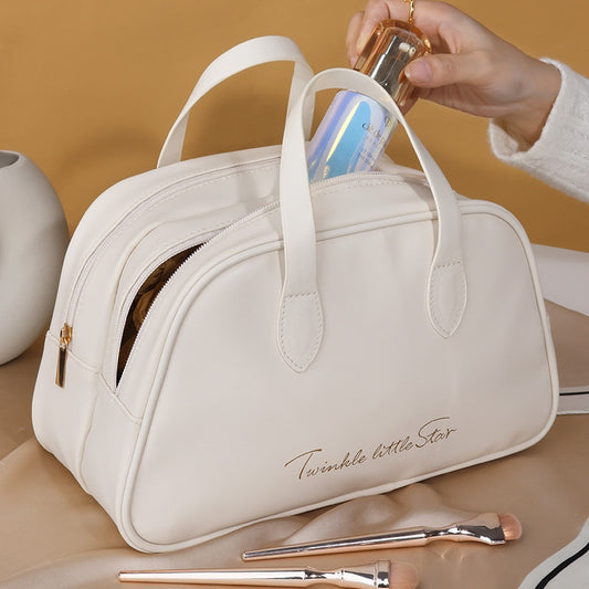 LuxeAura: The Leather Large Capacity Travel Toiletry Bag, a luxurious and spacious accessory for your travel essentials.