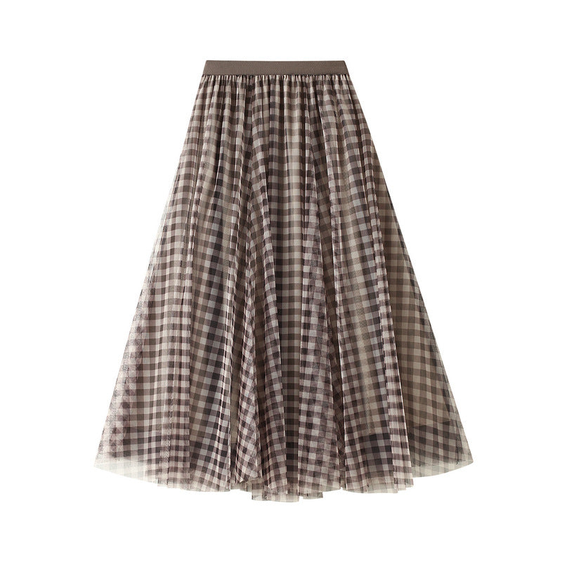 Women's Retro Contrast Color Check Tulle Skirt