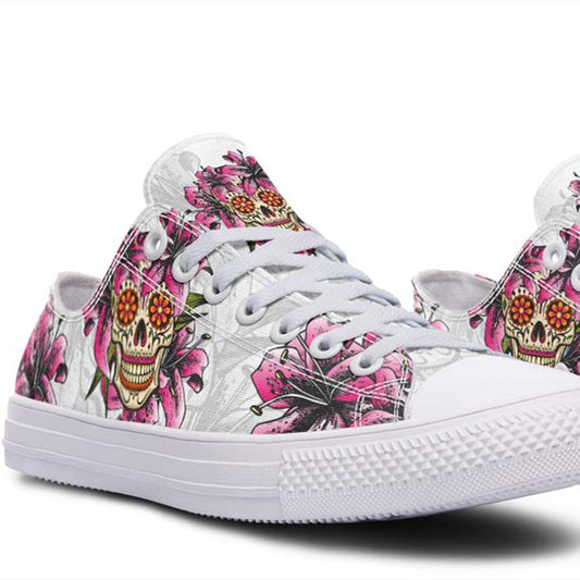 UrbanKick Skull-Flower Fashionable Printed Low-Top Canvas Shoes for Couples