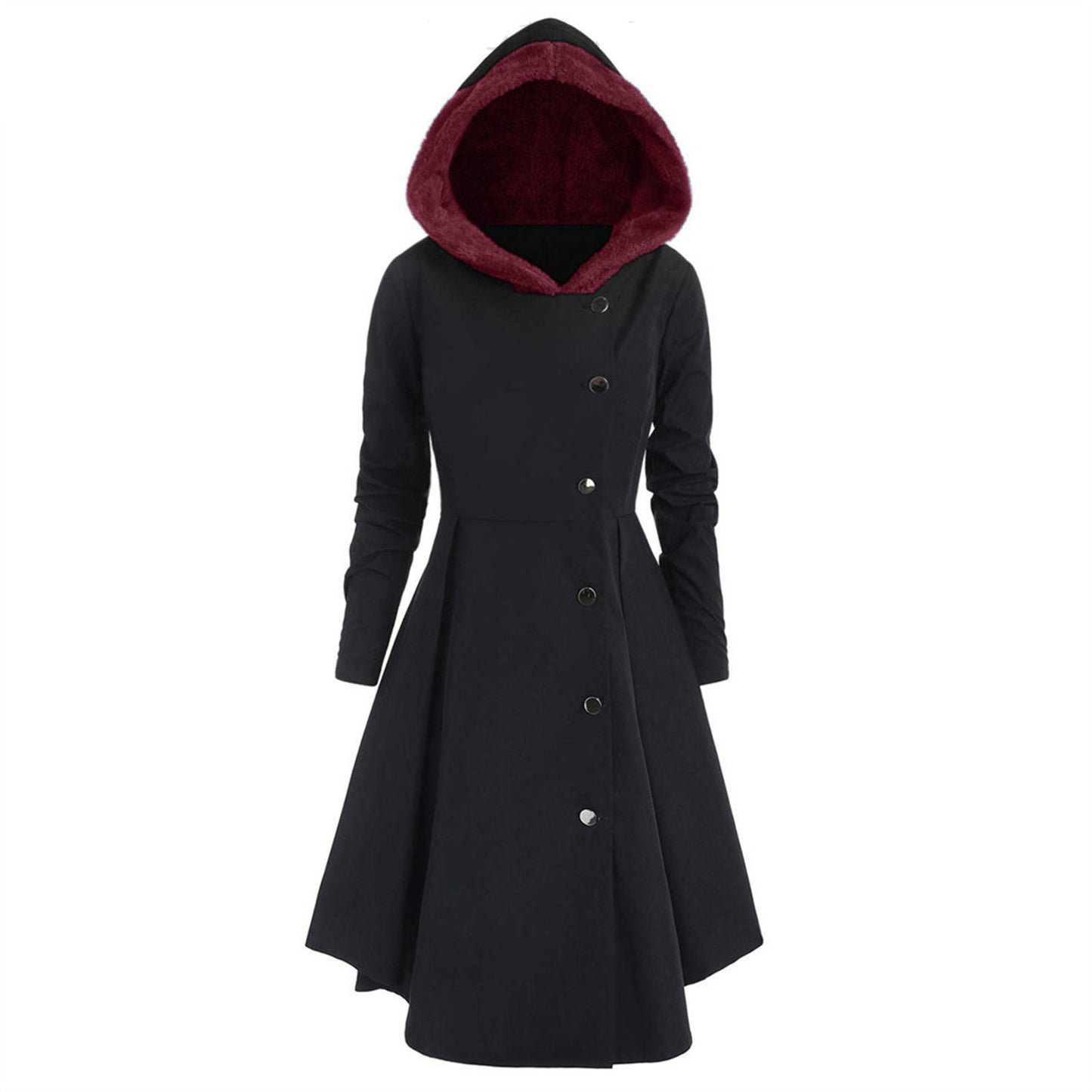 FestiveFlare: Bombshell-Weihnachts-Trenchcoat für Damen, ein langer Mantel mit Kapuze für einen stylischen und fröhlichen Look.