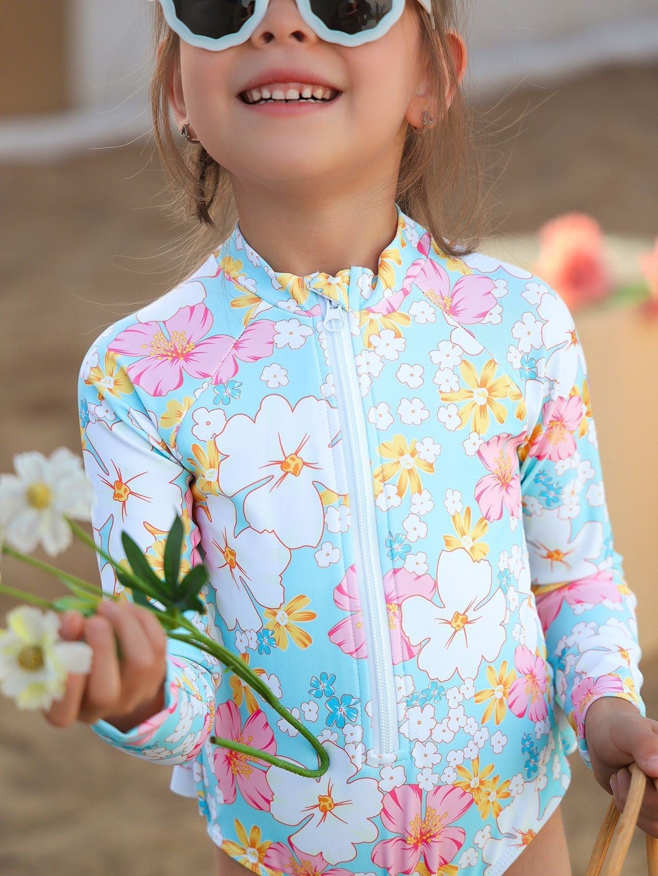 Girls' Summer Children's Breathable One-piece Long Sleeves Printed Cute Swimsuit