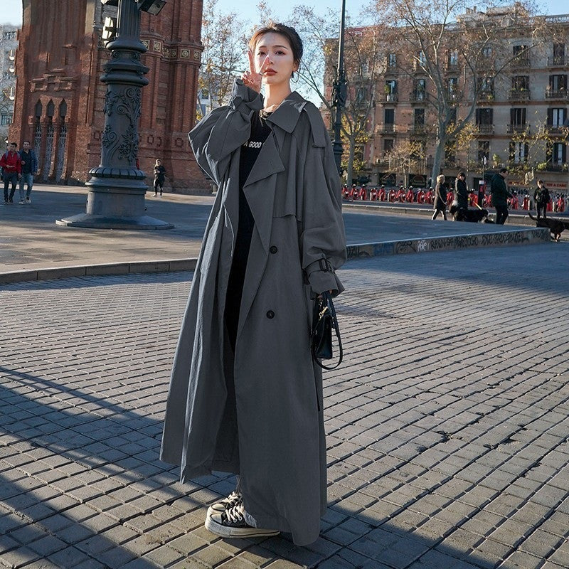 TrendEnsemble: Fashion long waist-wrapped trench coat for a stylish appearance.