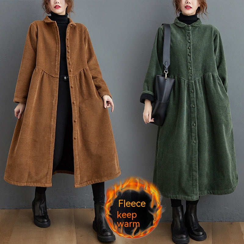 Retro Comfort: Women's corduroy casual coat with fleece-lined, long sleeves for autumn and winter.