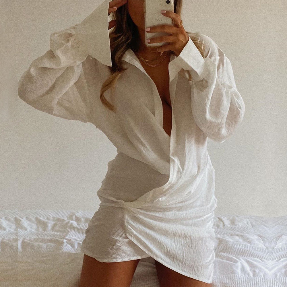 Linen Elegance: White Long-sleeved V-neck Shirt Dress - Sexy INS Fashion for Women