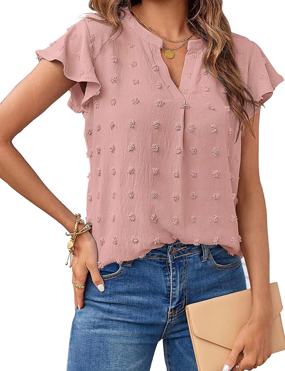 Breezy Charm: Women's Summer V Neck Ruffle Short Sleeve Blouse - Dot Flowy Shirt Top