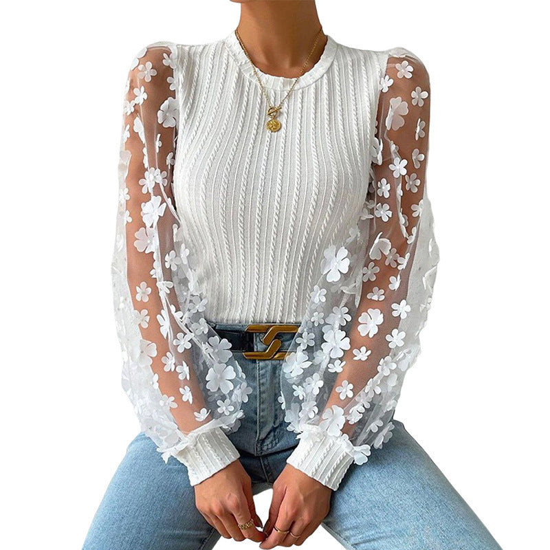 Damen Mesh Kleine Blume Chiffon Shirt Sommer Rundhals Langarm Top