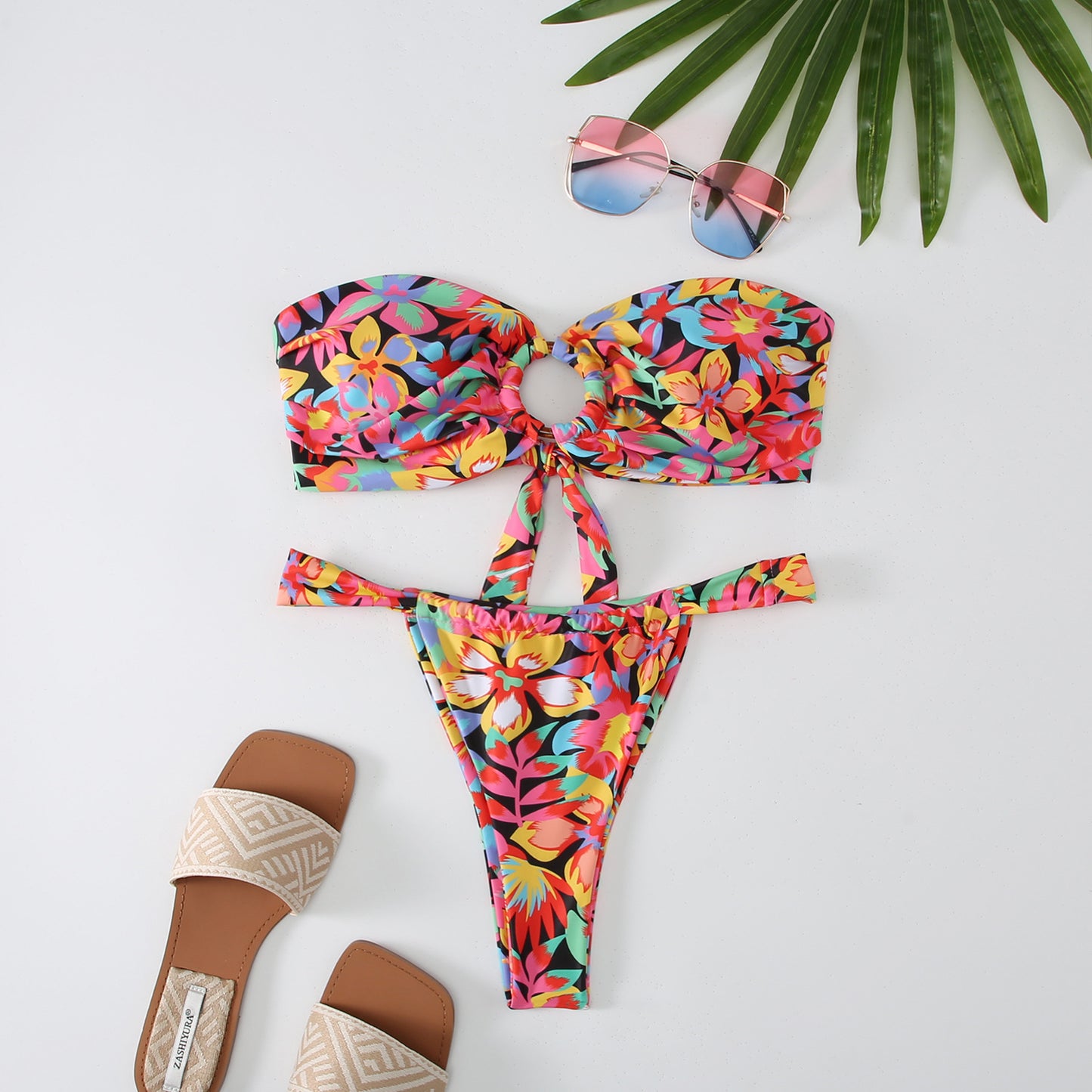 Women's Printed Tube Top Ring Bikini Swimsuit