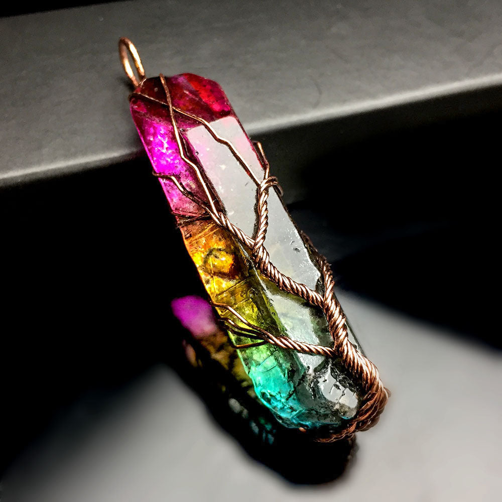 Colorful Electroplating Rough Stone Crystal Column Tree Of Life Pendant