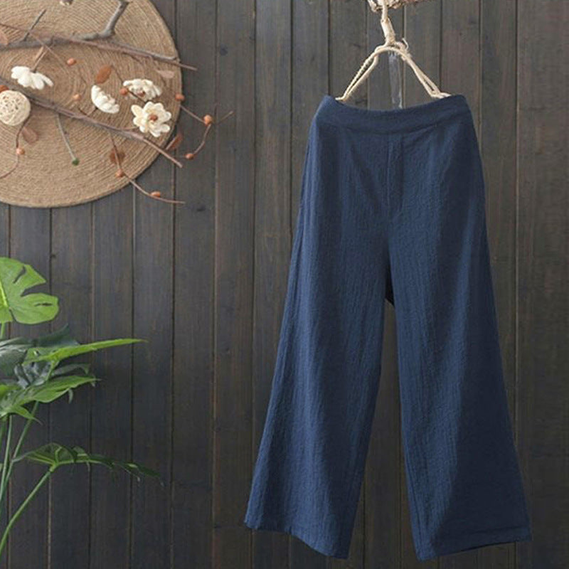 Cotton and Linen Cropped Wide-Leg Pants with Elastic Waist