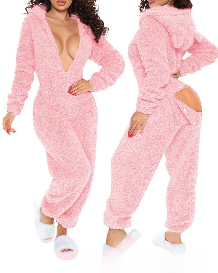 PlushChic: Women's one-piece pajamas for autumn and winter in soft plush fabric.