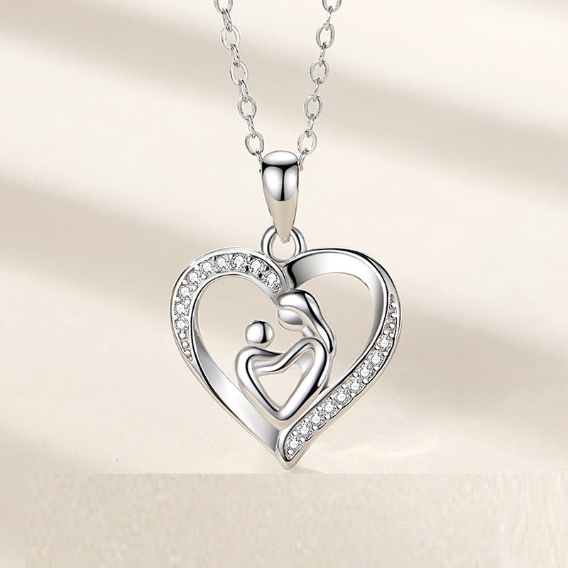 S925 Sterling Silver Heart Mother And Child Hug Pendant